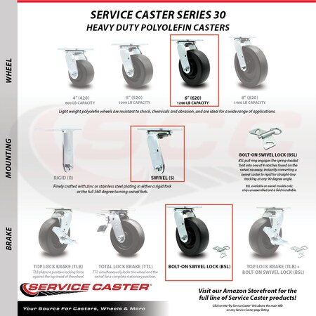 Service Caster 6 Inch Polyolefin Caster Set with Roller Bearings 2 Swivel Lock 2 Brake SCC SCC-30CS620-POR-BSL-2-TLB-2